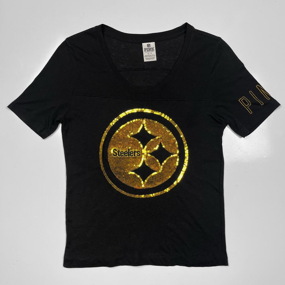Victoria’s Secret PINK NFL Pittsburgh Steelers Sequin Tee Black T Shirt Small VS - Picture 3 of 16
